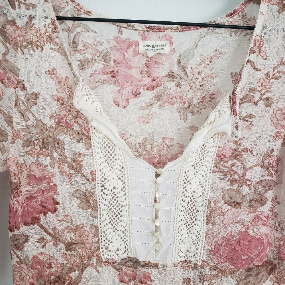Y2K Denim and Supply Ralph Lauren Lace and Mesh Floral Long Sleeve Top Size M - Picture 5 of 8